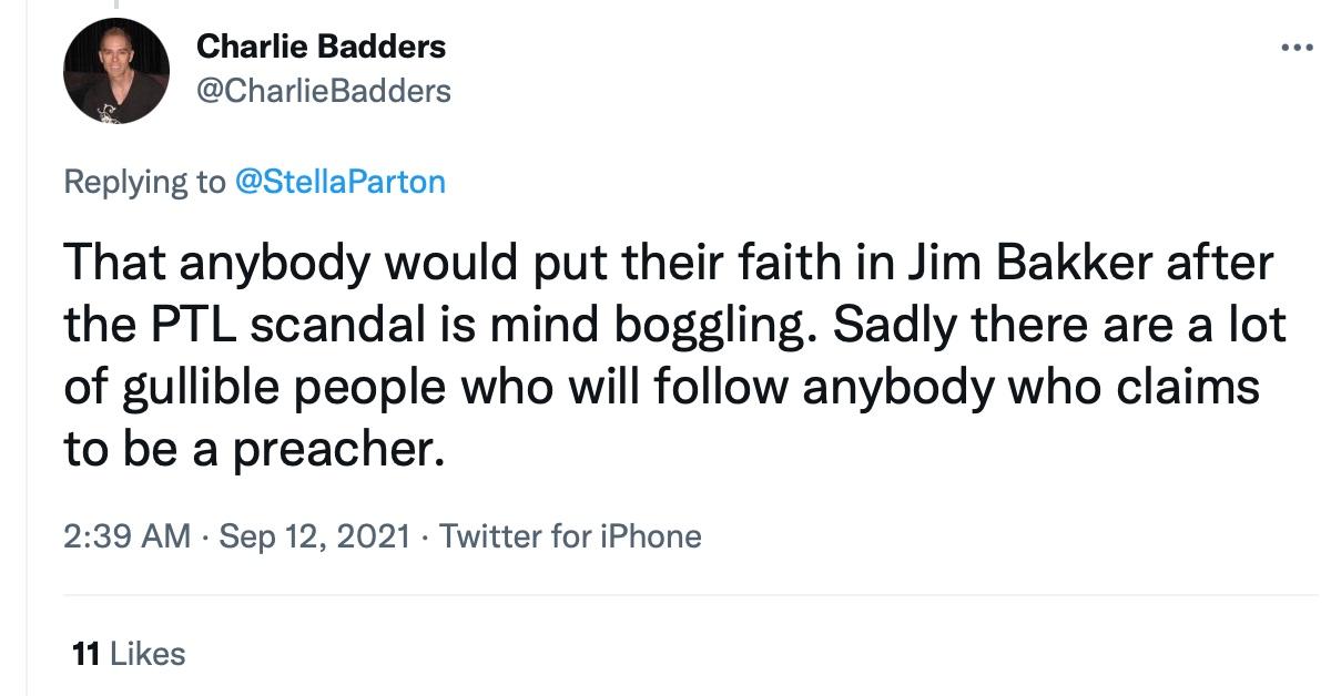 A tweet about the Jim Bakker scandal