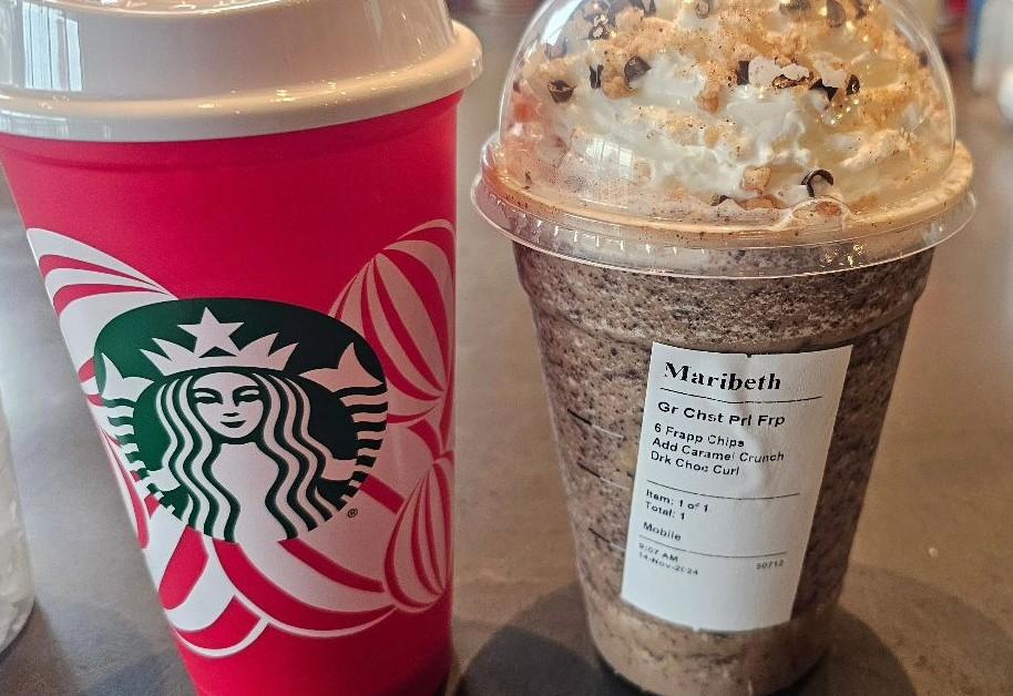 Two drink orders from Starbucks for Red Cup Day