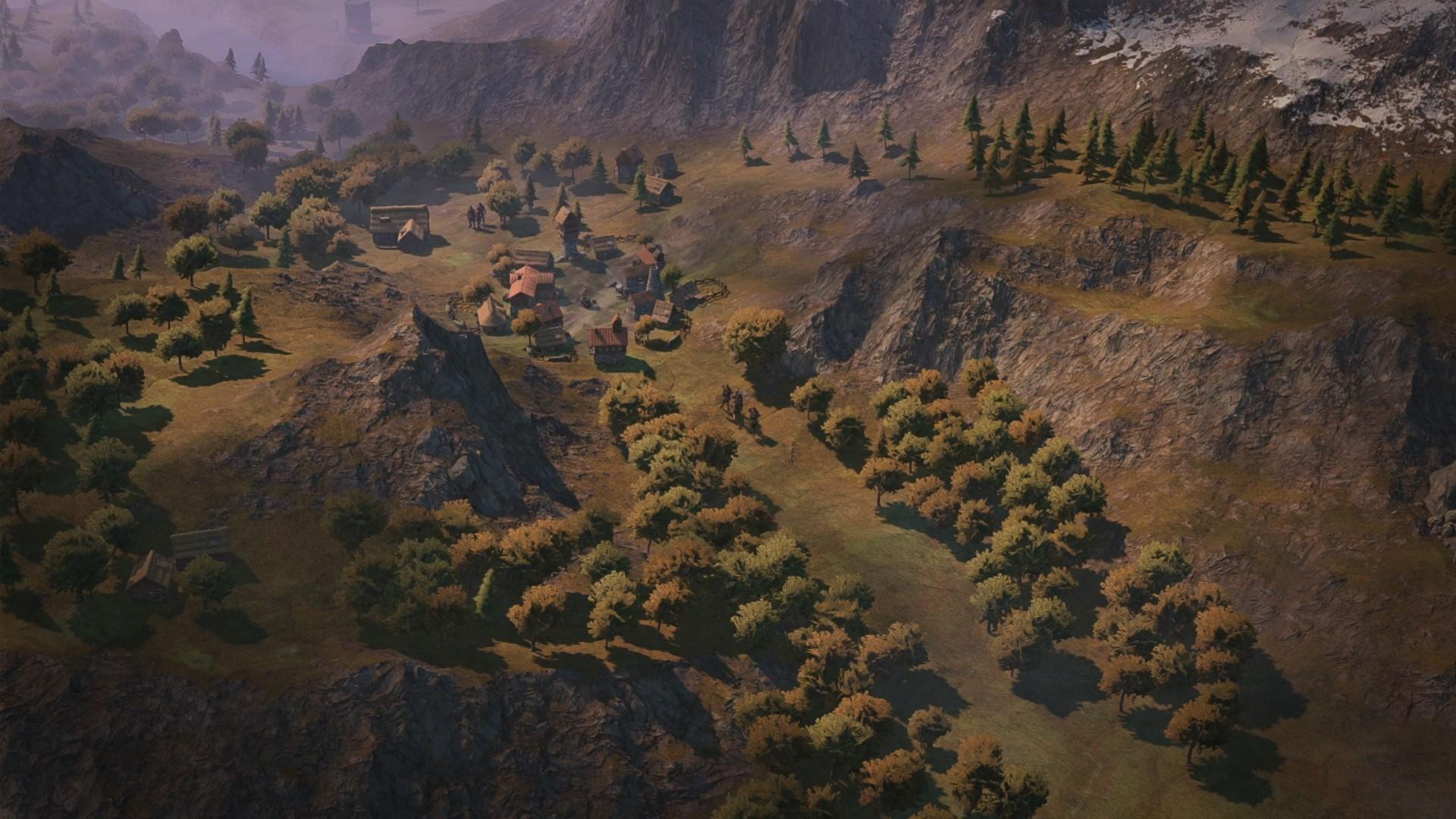 Mercenaries exploring a tree-filled countryside in 'Wartales'