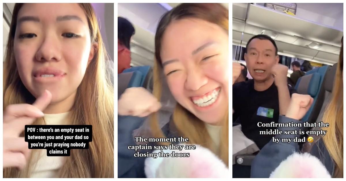 A woman and her father waited to see if the middle seat would be empty on their flight