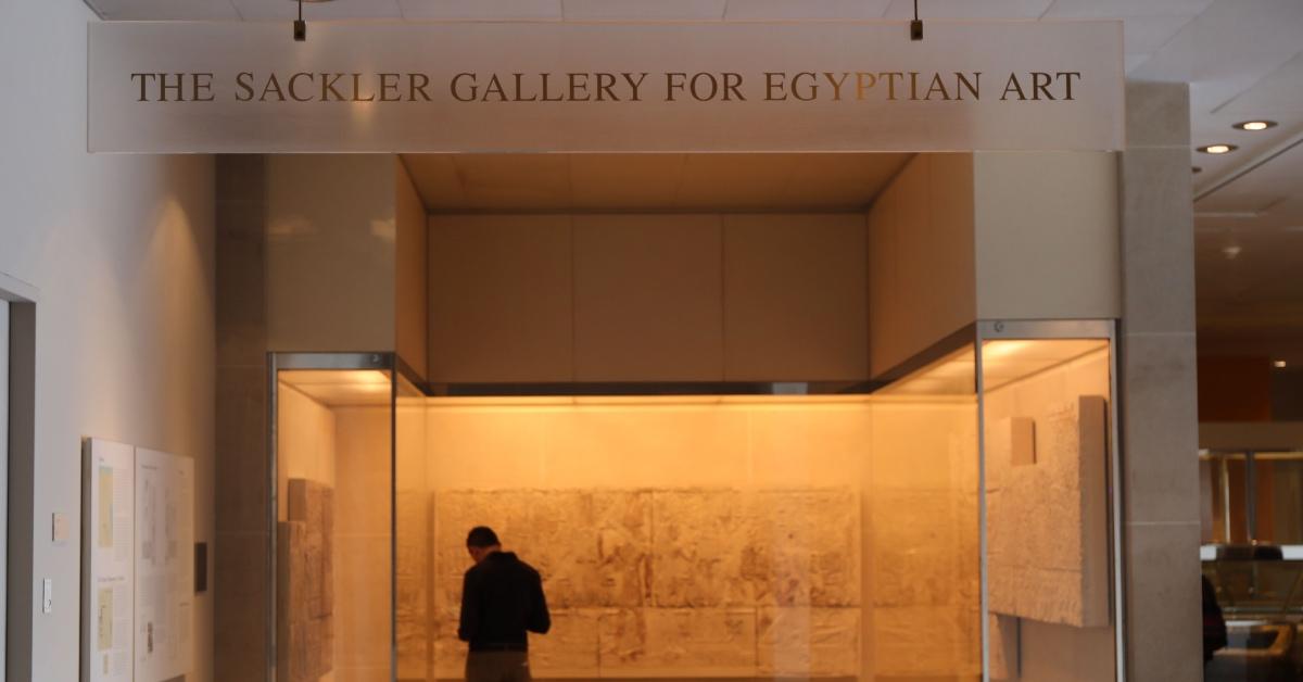 A sign welcomes visitors to the Sackler Wing at the Metropolitan Museum of Art.