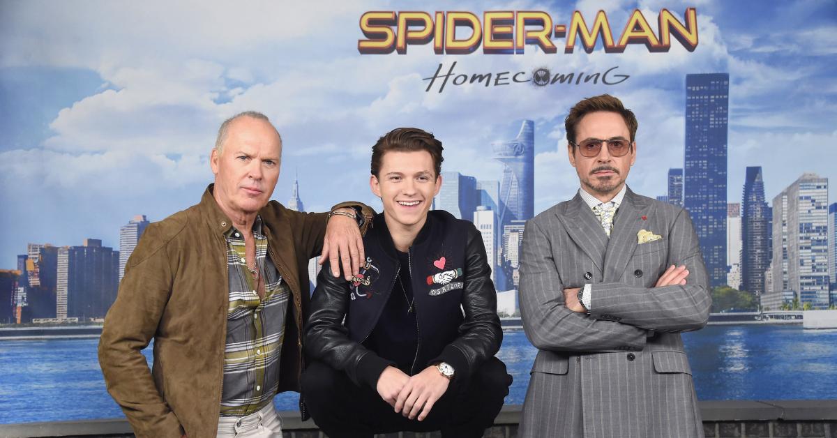 Michael Keaton, Tom Holland et Robert Downey Jr. au "Spiderman : Retour à la maison" Séance photo à New York le 25 juin 2017