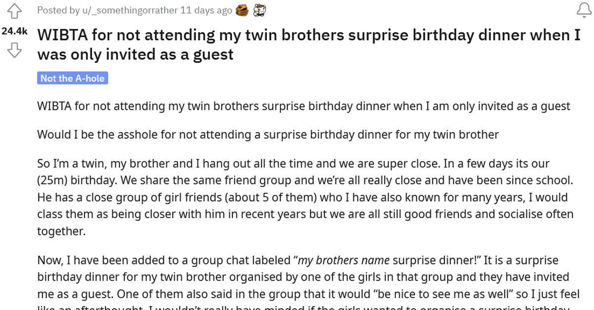 A Reddit post where a guy is invited as a guest to his twin brother's surprise bday party