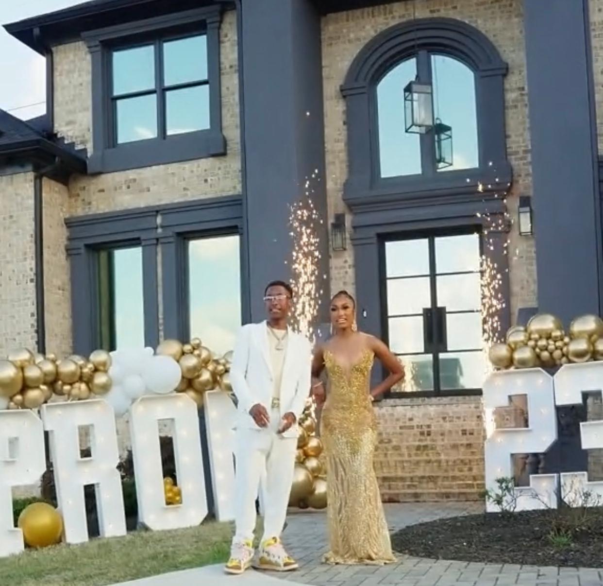 Prom 2023 send off with giant letters, balloons, and fireworks.