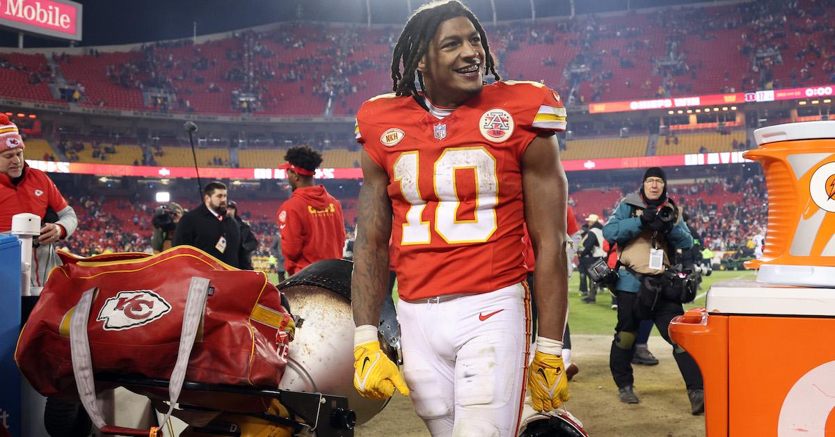 Isiah Pacheco #10 of the Kansas City Chiefs reacts after the game vs the Cincinnati Bengals at GEHA Field at Arrowhead Stadium on December 31, 2023 in Kansas City