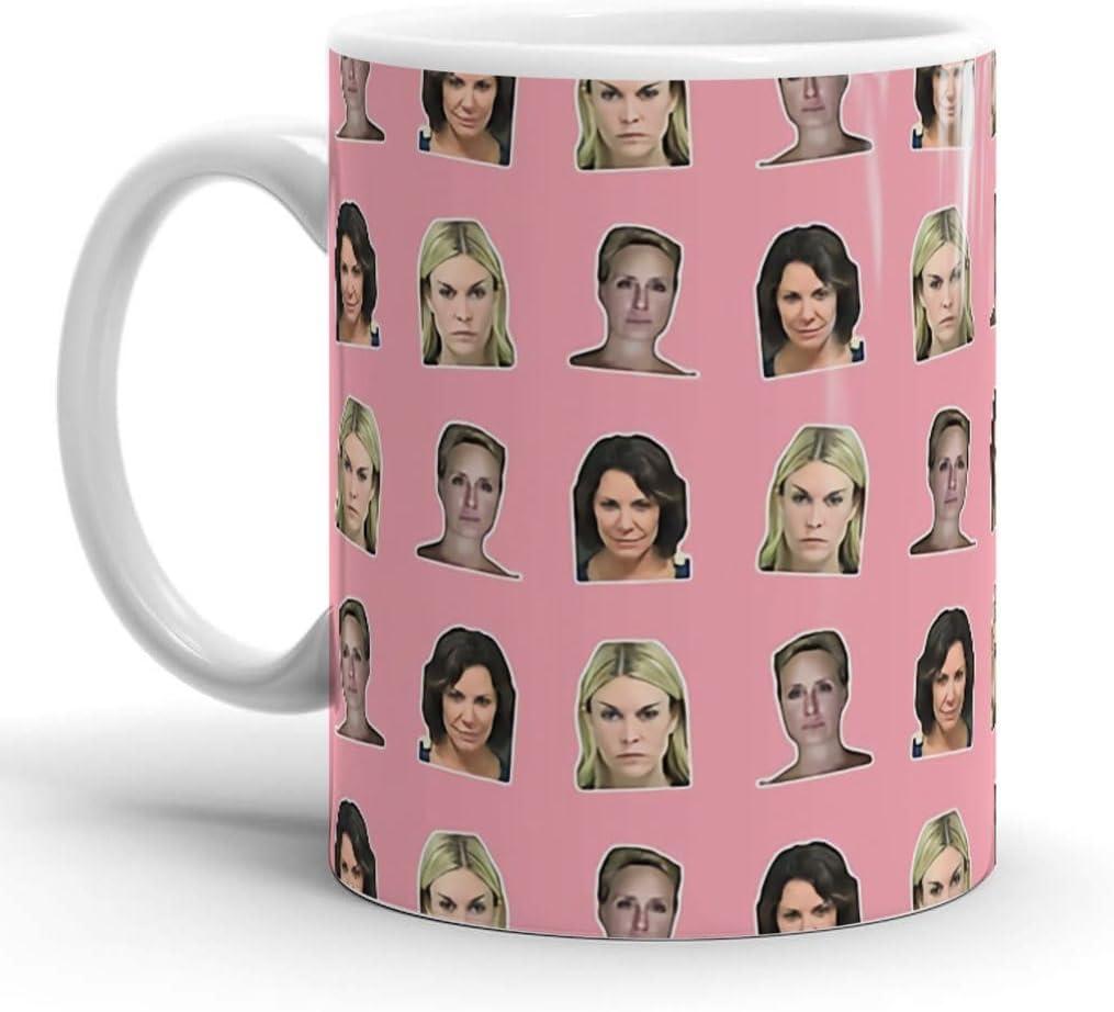 A pink mug of several women making stern faces