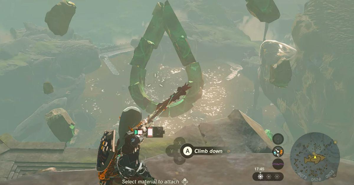 Link aiming an arrow through the teardrop of Floating Scales Island to reveal a watery bridge location.