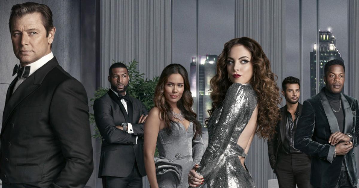 (L - R): Grant Show as Blake Carrington, Robert Christopher Riley as Michael Culhane, Daniella Alonso as Cristal Carrington, Elizabeth Gillies as Fallon Carrington, Rafael de la Fuente as Sammy Jo Jones, Sam Adegoke as Jeff Colby