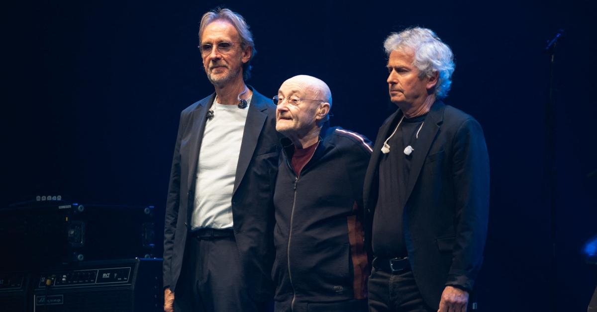 Members of Genesis Mike Rutherford, Phil Collins, Tony Banks play their last concert together