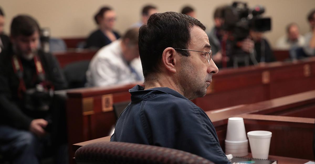 Larry Nassar in a blue jumpsuit at his trial in February 2018. 