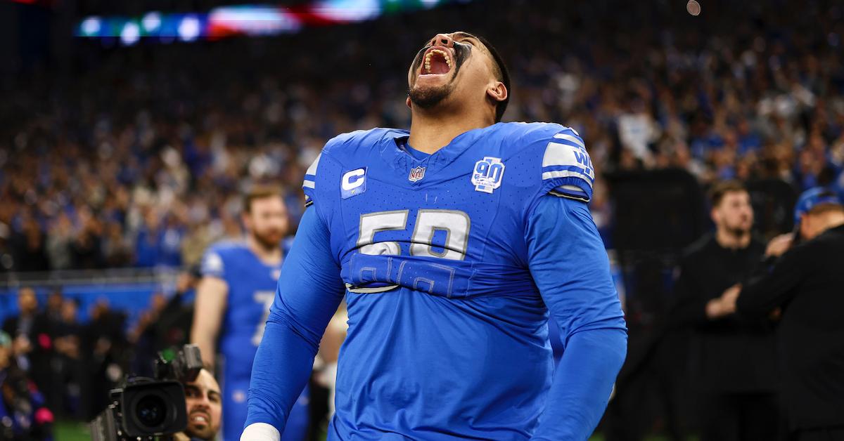 Penei Sewell #58 of the Detroit Lions screams prior to an NFL divisional round playoff football game against the Tampa Bay Buccaneers at Ford Field on January 21, 2024 in Detroit