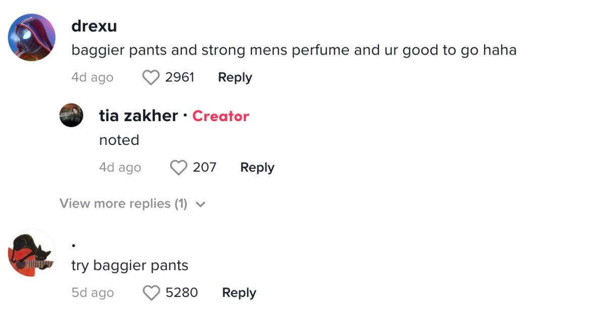 TikTok comments on @tiazakher's TikTok about dressing up as a man to make night uber eats deliveries