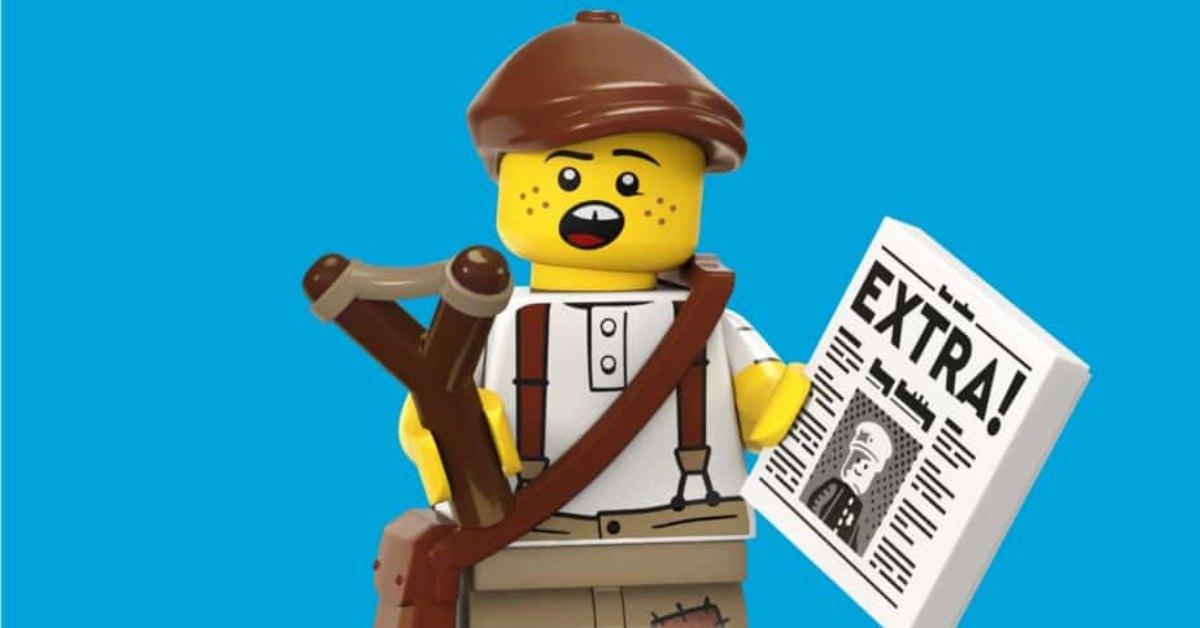 A LEGO character holding a newspaper.