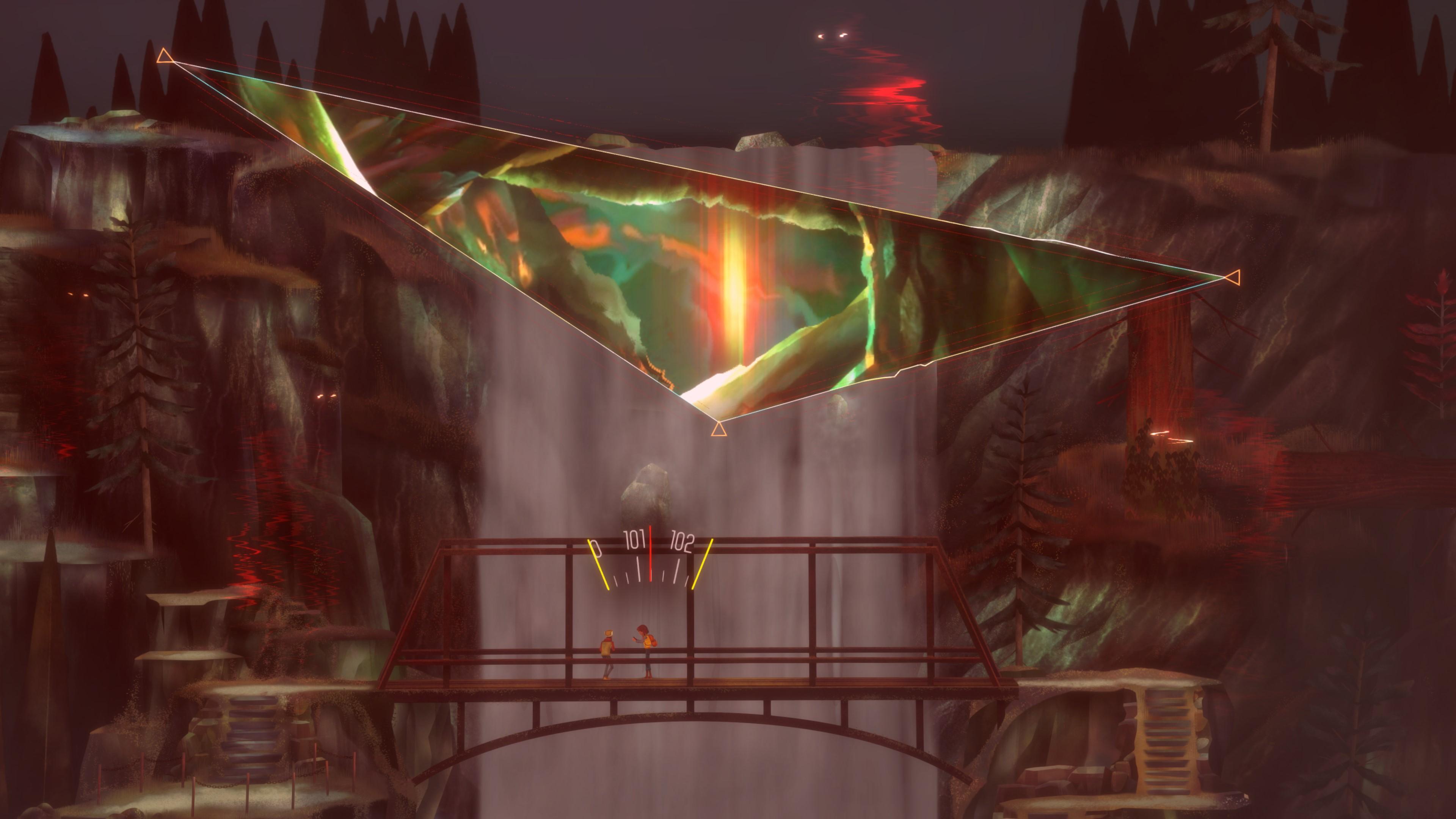 'OXENFREE II' Riley and Jacob standing below a triangle dimensional portal. 