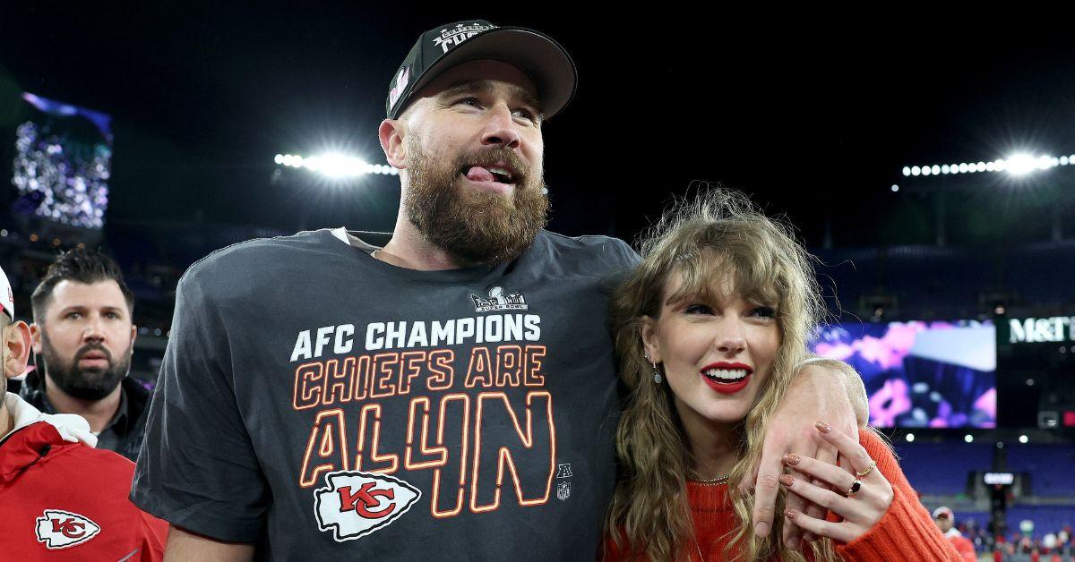 Travis Kelce and Taylor Swift after the AFC Championship Game. 