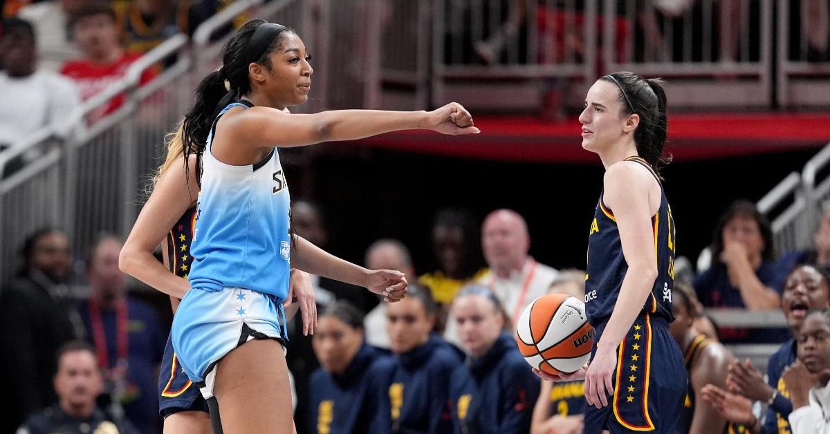 Angel Reese reacts after fouling Caitlin Clark during the Sky-Fever game on June 16, 2024, in Indianapolis. 