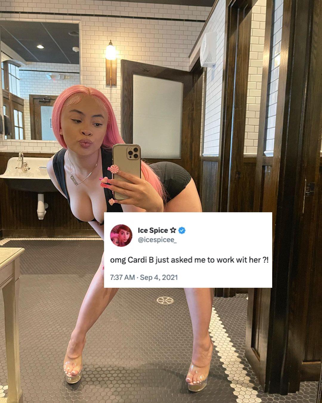 Ice Spice poses in the bathroom, on top is a tweet by Ice Spice talking about her collab with Cardi B.