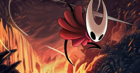 The main character of Silksong on a fiery background.