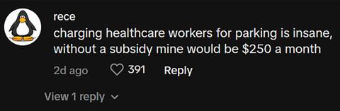 Comments about health care worker not able to afford parking space at work