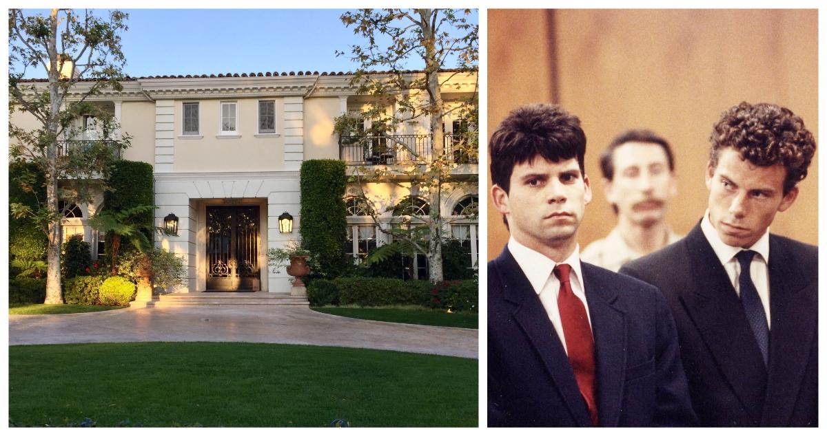 (L-R): Menendez brothers house; Lyle and Erik Menendez at their arraignment