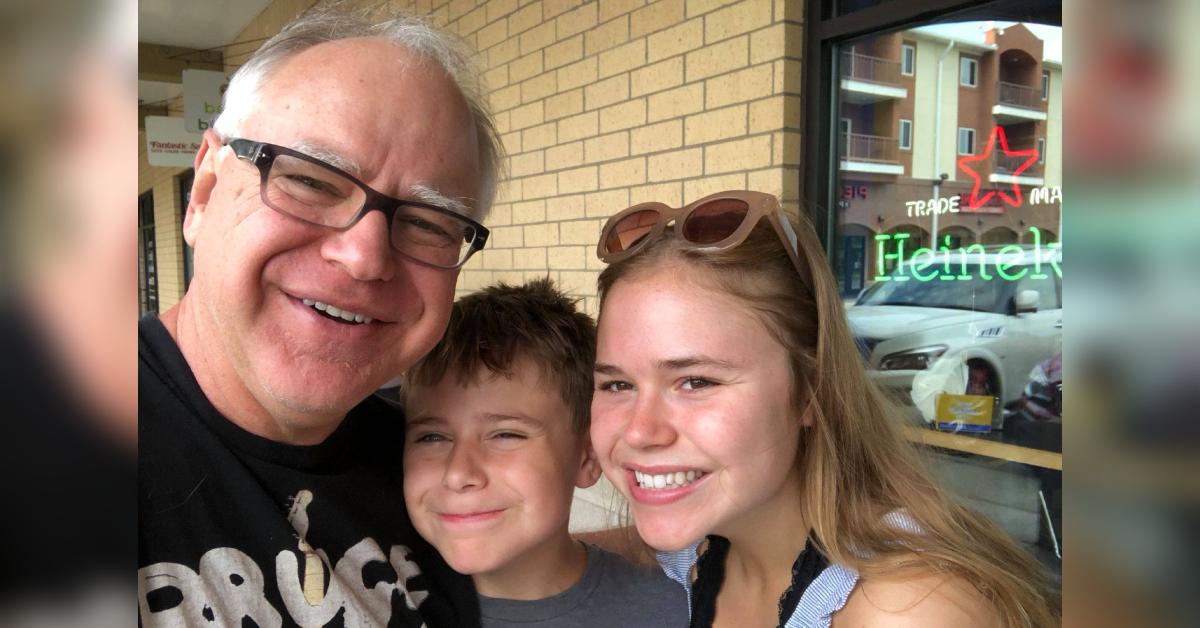 Tim Walz smiles for a selfie with his kids, Gus and Hope.