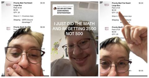 TikTok user @timothybiscuit accidentally ordered 2,500 USPS boxes.