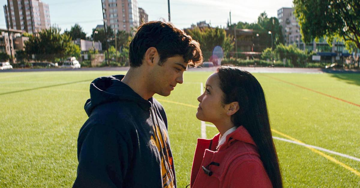 Lara Jean and Peter standing in the middle of the lacrosse field in 'To All The Boys I've Loved Before'