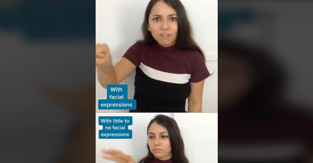 A woman using sign language with and without facial expressions