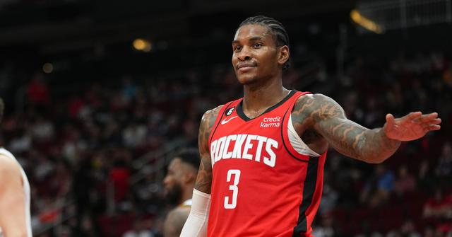 Kevin Porter Jr. #3 of the Houston Rockets reacts after a play during the game against the Denver Nuggets at Toyota Center on April 04, 2023 in Houston, Texas