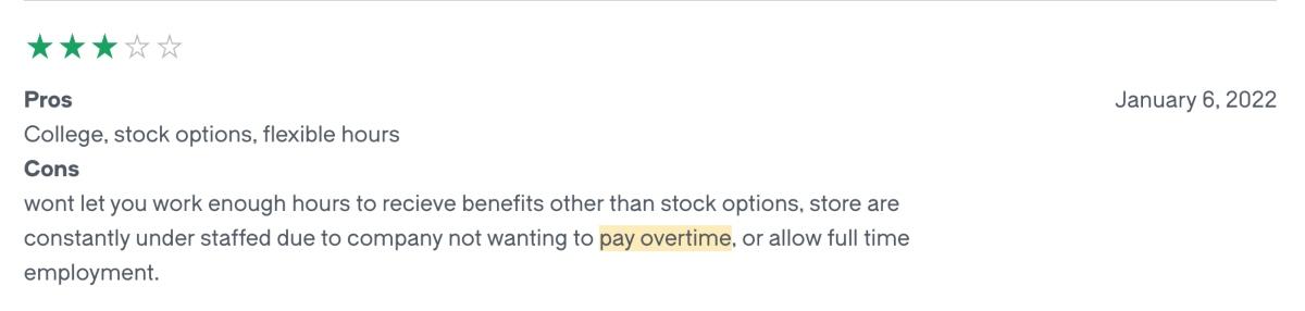 A Starbucks Glassdoor review confirming that Starbucks doesn't usually pay overtime