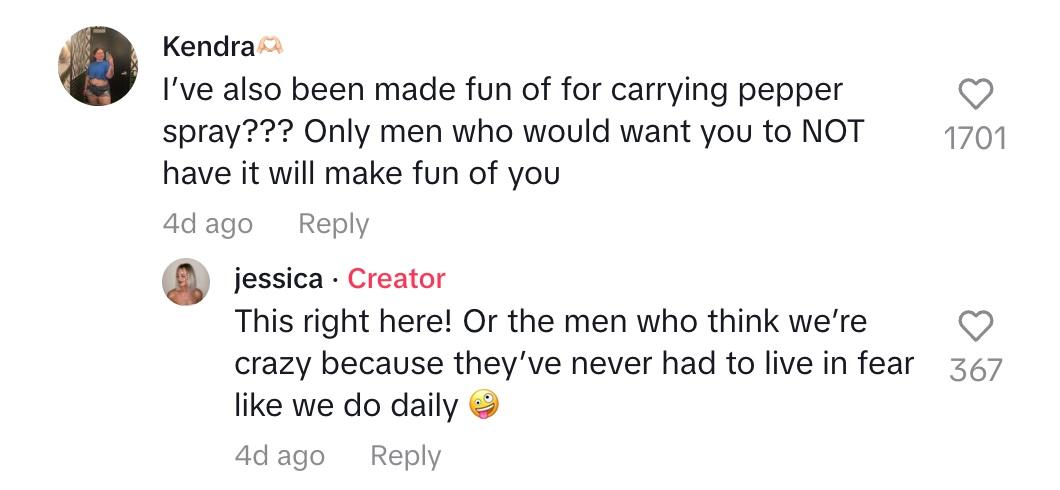 A commenter says she has also been made fun of for carrying pepper spray