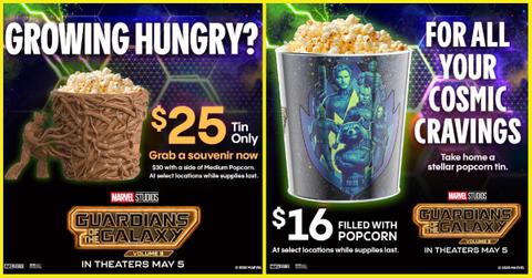 Cinemark is offering two 'Guardians of the Galaxy Vol. 3' popcorn buckets: A bucket featuring Groot and a stellar tin with all the characters.