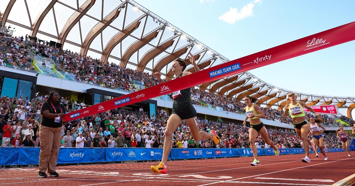 EUGENE, OREGON - JUNE 30: Nikki Hiltz reacts while crossing the finish line to win the women's 1500 meter final on Day Ten of the 2024 U.S. Olympic Team Track & Field Trials at Hayward Field on June 30, 2024 in Eugene, Oregon. (Photo by Christian Petersen/Getty Images)