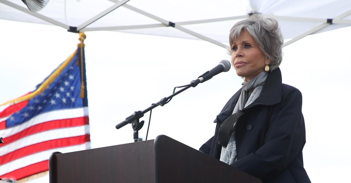 Jane Fonda speaking at an event to end offshore drilling in October 2021