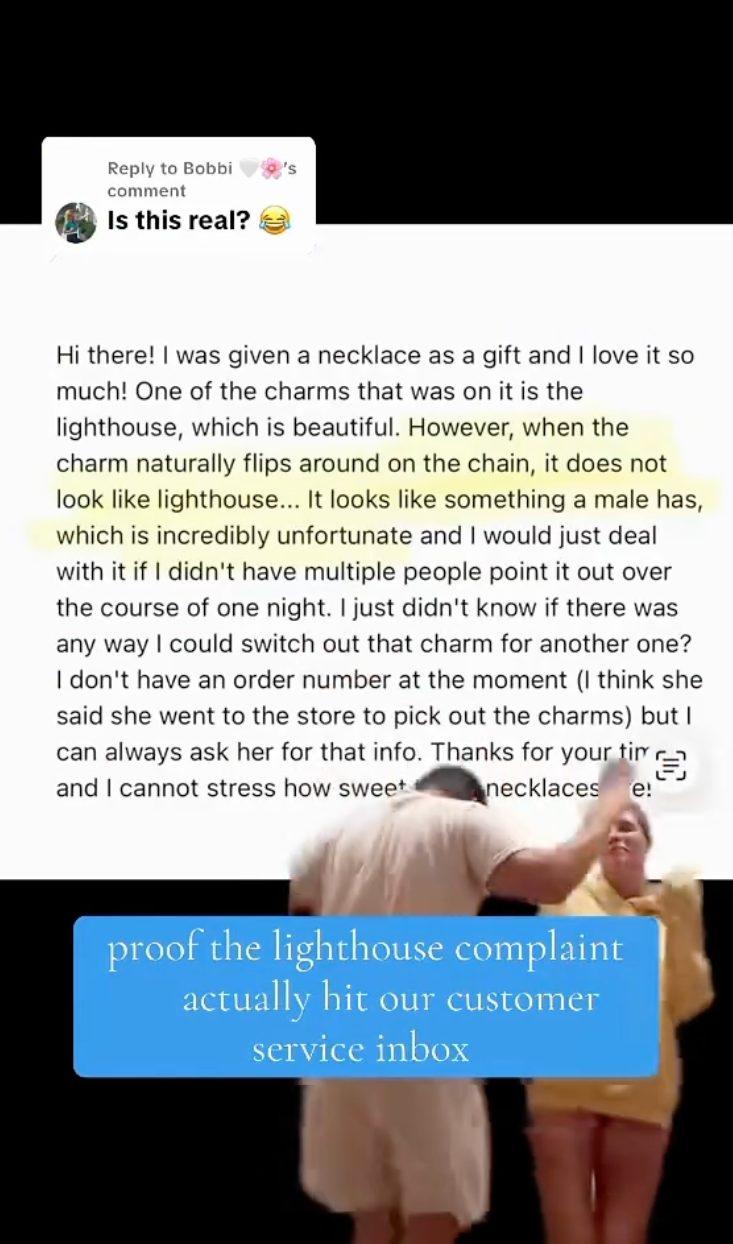 Coastal Caviar shares a screenshot of a customer message about the lighthouse charm.