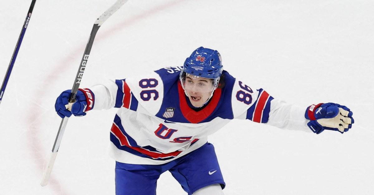 Jack Hughes playing hockey in the 2026 Winter Olympics.