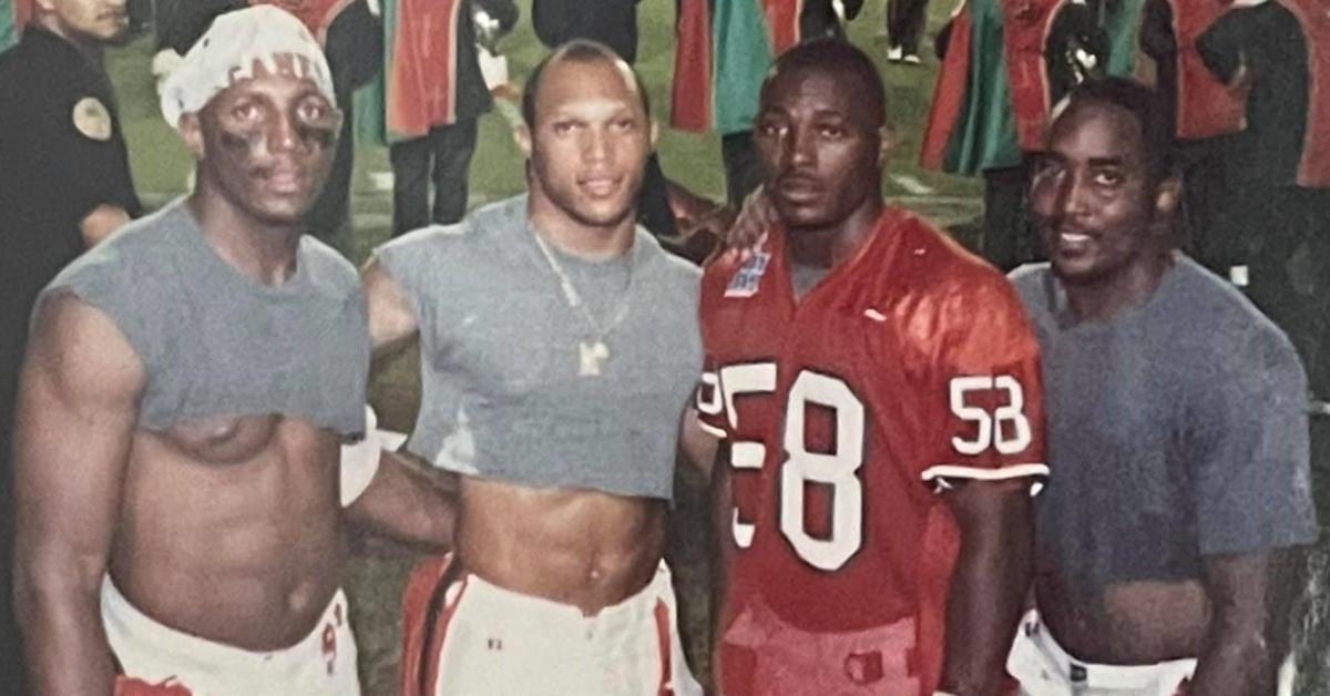 University of Miami linebacker Marlin Barnes (second from left) is pictured in 1995 with teammates Ray Lewis (left), Jeffrey Taylor (#58) and Tony Coley 