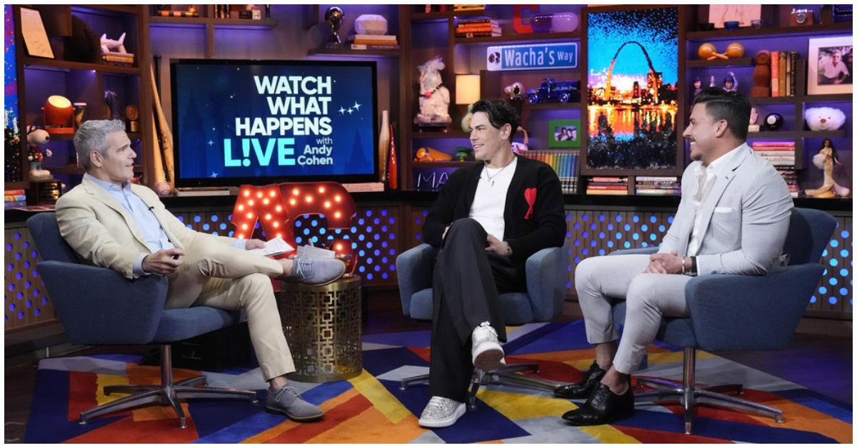 (l-r): Andy Cohen, Tom Sandoval, and Jax Taylor on 'Watch What Happens Live.' 