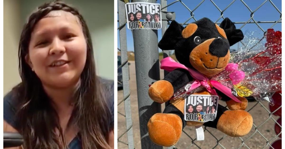 (L-R): Emily Pike smiling; stuffed animal and "Justice for Emily" signs left at a tribute for Emily Pike