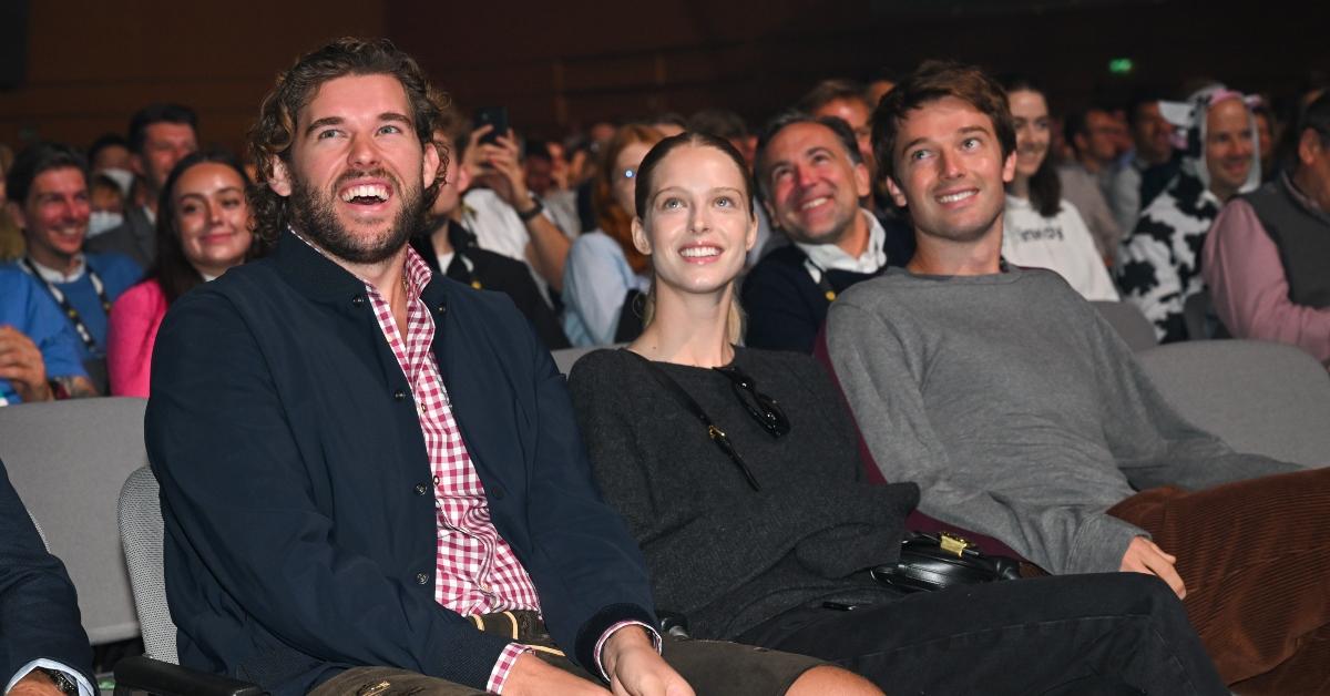 Patrick Schwarzenegger, Abby Champion and Christopher Schwarzenegger attend Bits & Pretzels 2022 at ICM Munich on September 25, 2022 in Munich, Germany.