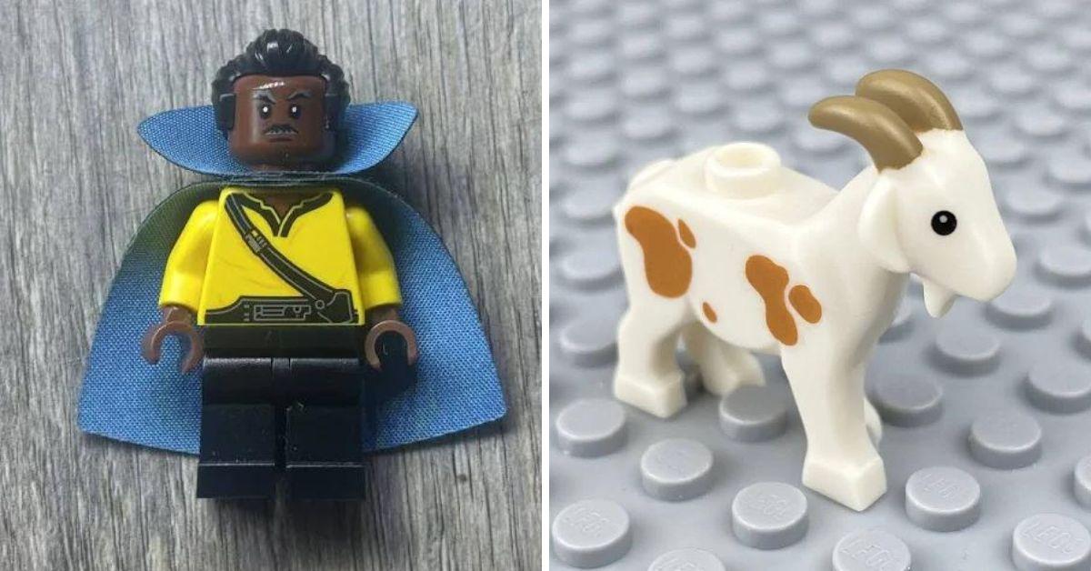 Lando Calrissian Minifigure with Cloth Cape on the left side with Goat with Dark Tan Horns and Medium Nougat Spots Pattern on the right
