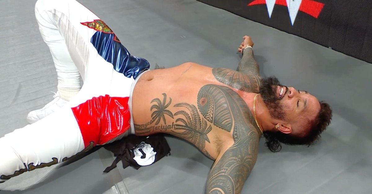 Jay Uso laid out in the ring during his title-losing match.
