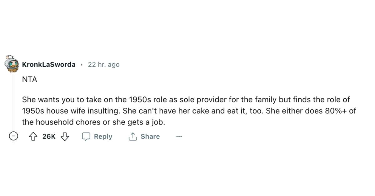 A commenter agreeing that the current arrangement isn't fair for the husband