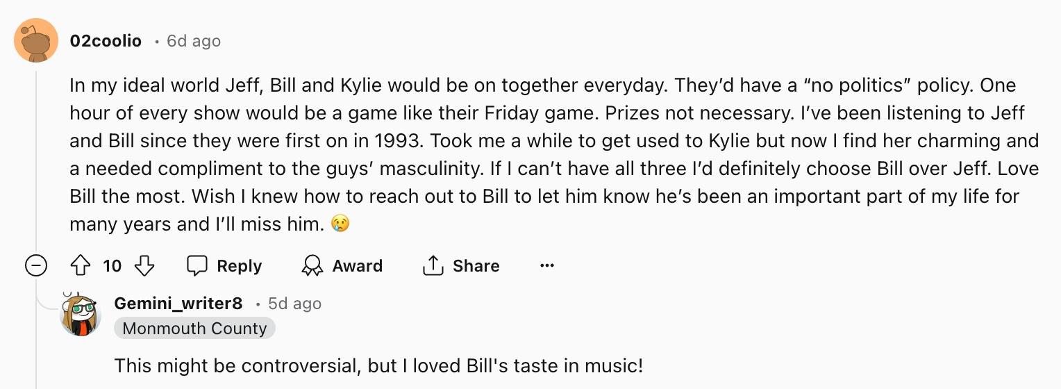 Reddit comment about Jeff, Bill, and Kylie on the show