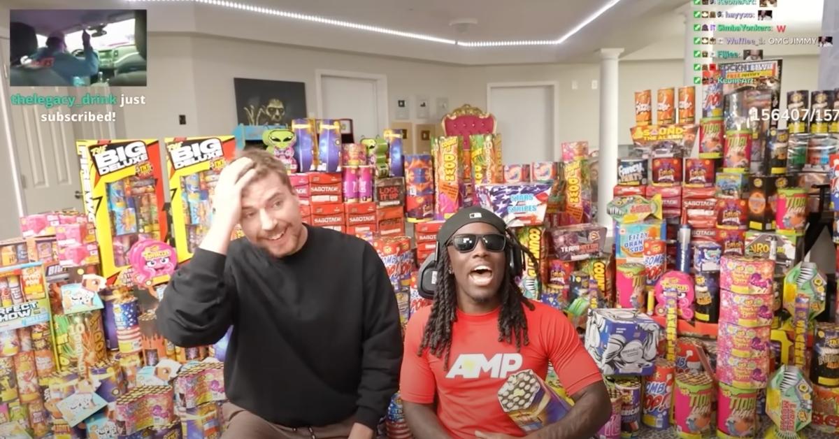 MrBeast and Kai Cenat surrounded by fireworks in fake replica of Kai's room for Fourth of July fireworks stream