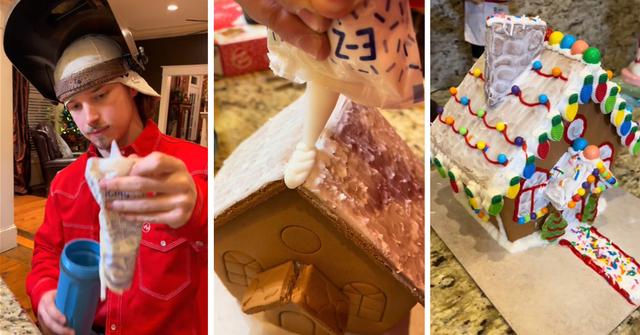 A welder boyfriend builds a gingerbread house