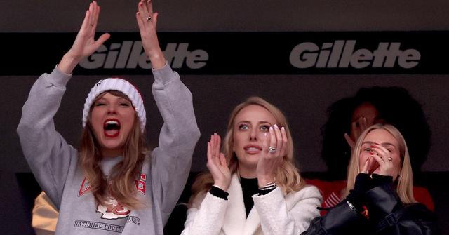 Taylor Swift, Brittany Mahomes, and Ashley Avignone cheer after a Kansas City Chiefs touchdown during the second quarter against the New England Patriots at Gillette Stadium on December 17, 2023 in Foxborough, Mass.