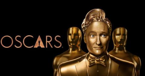 The Oscars logo with Conan O'Brien as one of the statues.