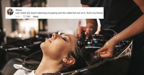 A hairstylist washing a clients hair and a comment about an altercation