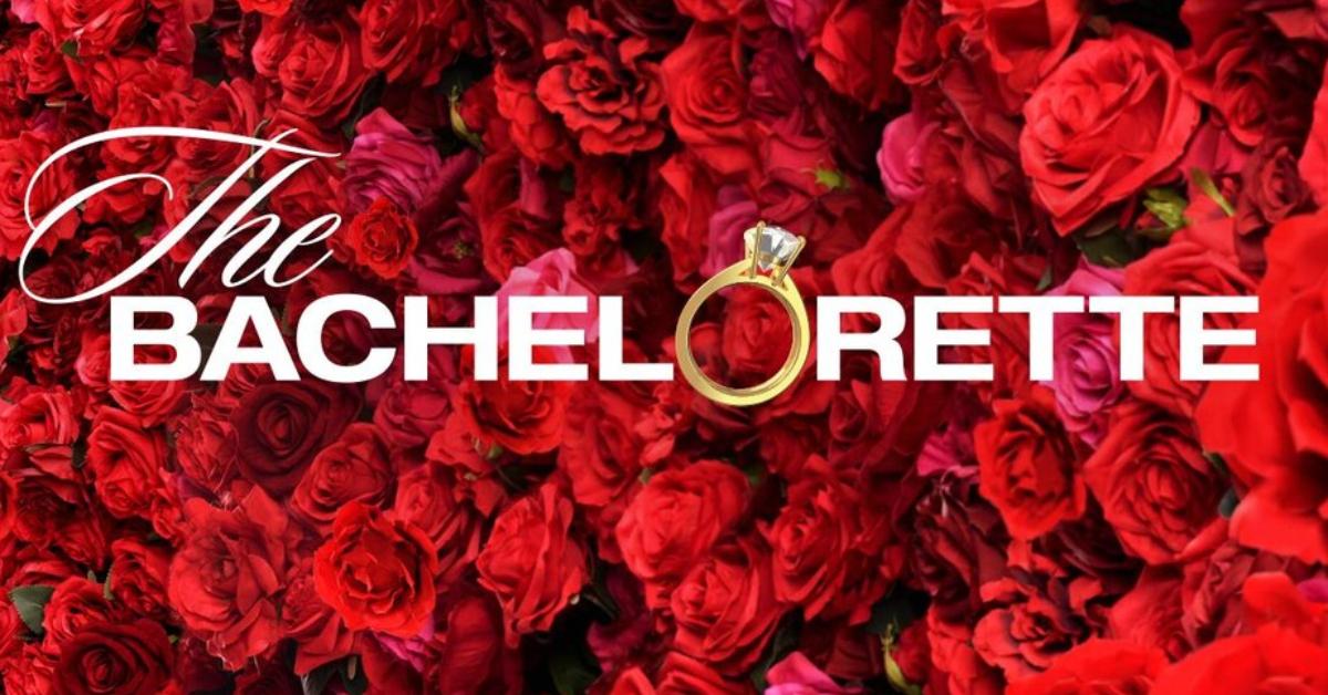 'The Bachelorette' logo sits on top of a group of red roses.